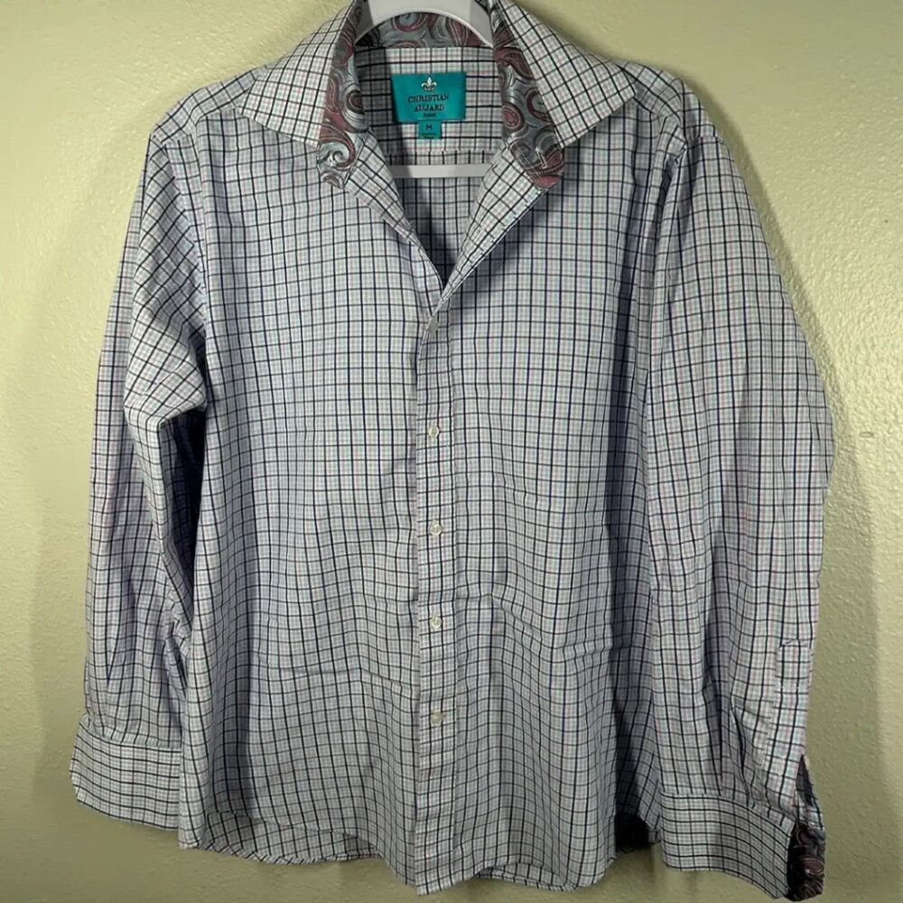 Christian Aujard Men's Dress Shirt Size M Plaid Cotton Poly Blend Stylish Design